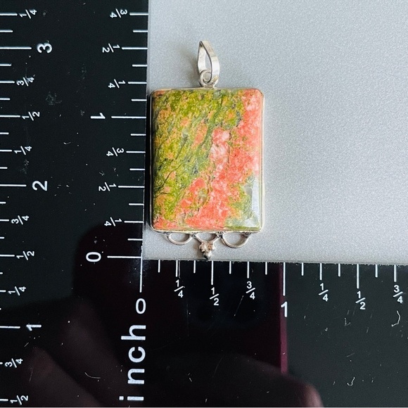 Green & Pink Unakite Jasper Rectangular Sterling Silver Vintage Pendant … - Picture 7 of 13